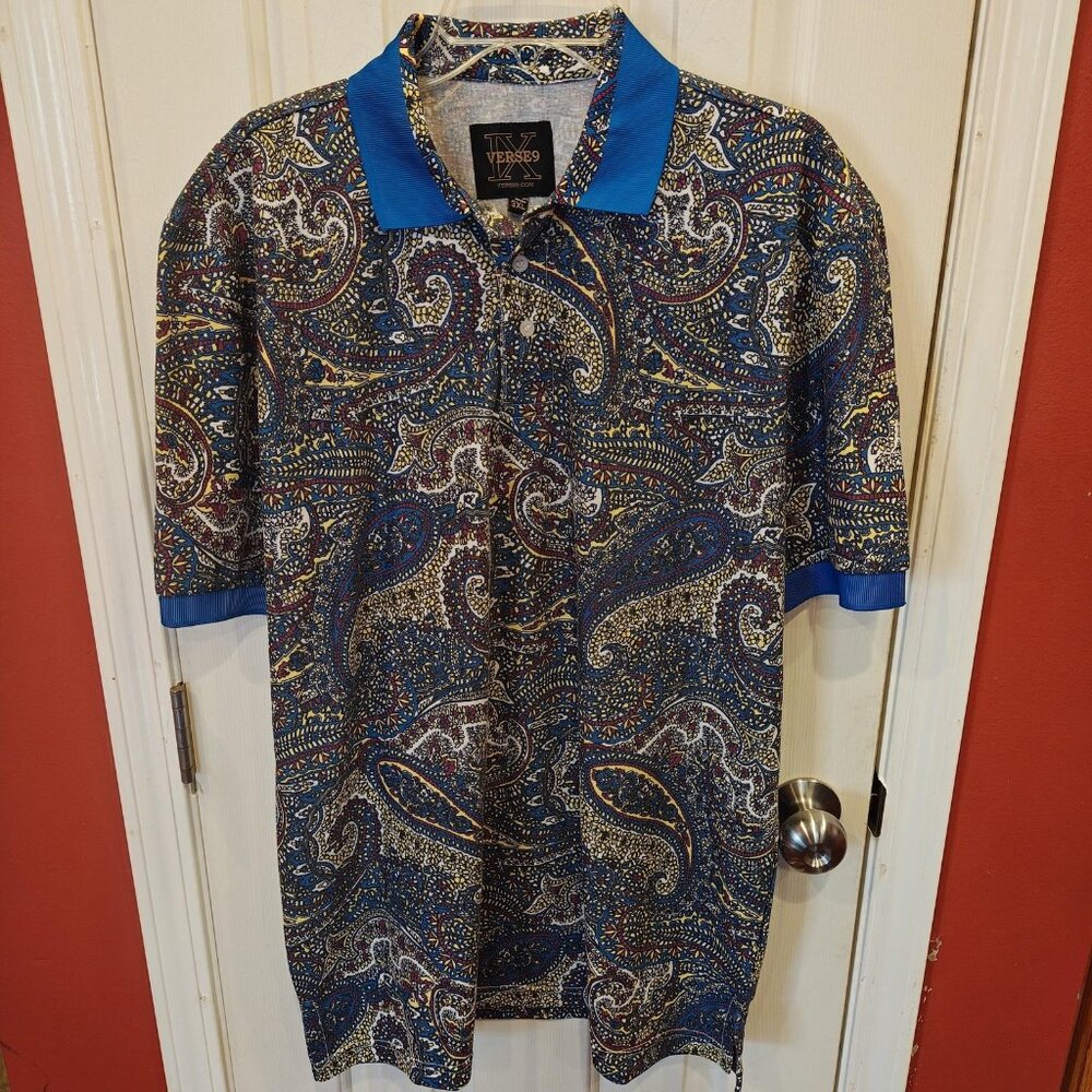 NWT Verse9 Polo Shirt Mens 3XL Blue Multicolor Paisley Short Sleeve Casual
